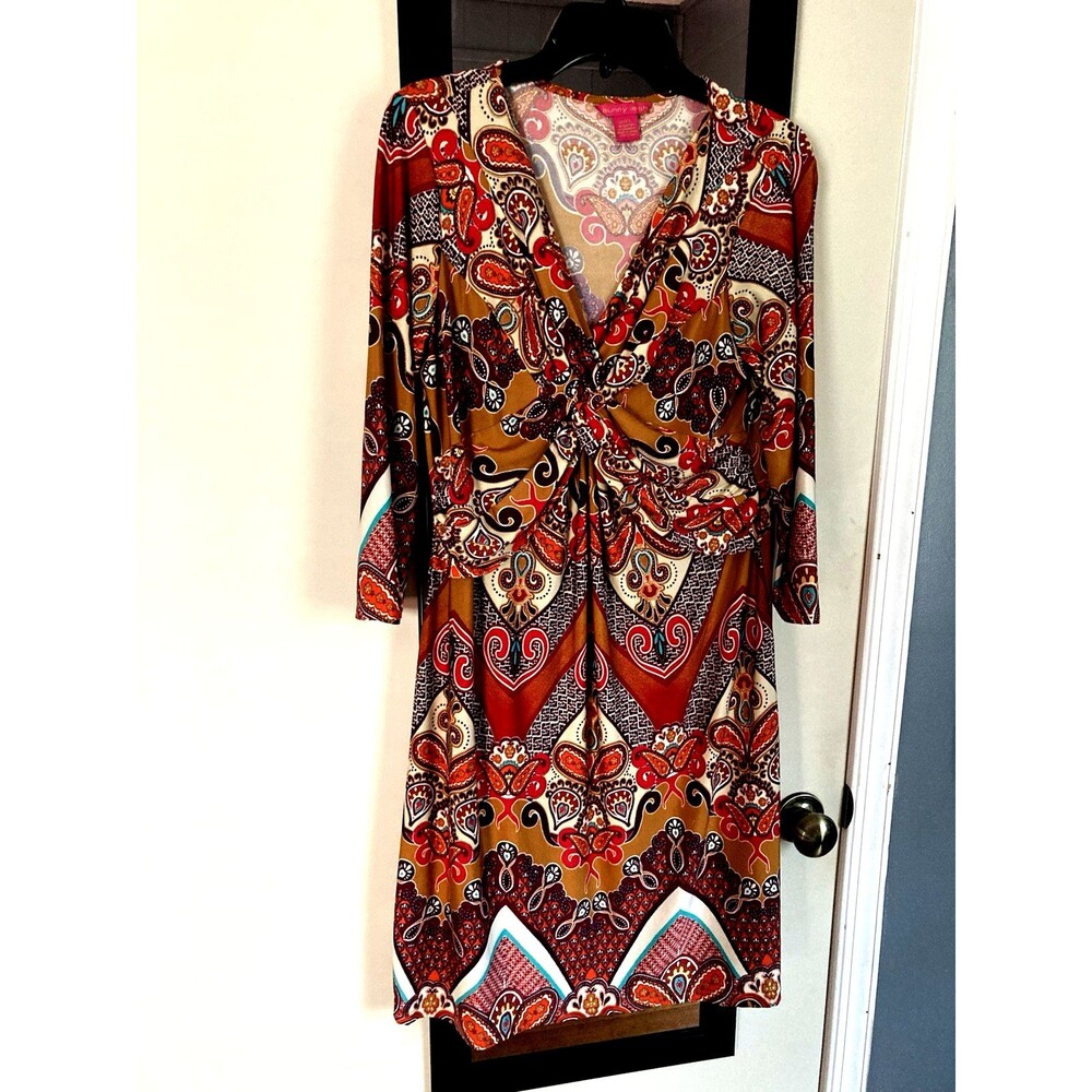 Sunny Leigh Dress Large Floral Paisley A-line Orange Cinnamon Multi Stretch